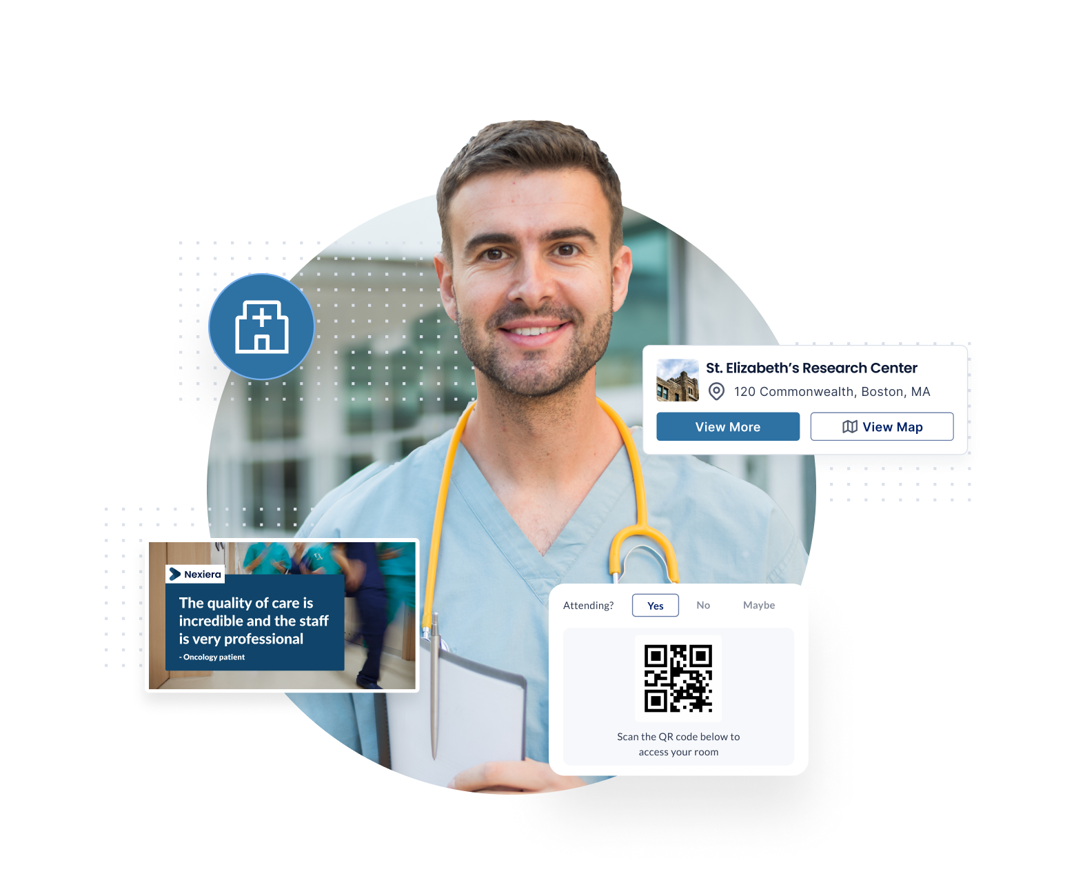 A smiling healthcare professional with a stethoscope is surrounded by icons. There are details showing a location in Boston, a quote about quality care, and a QR code for room access.