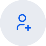 An icon of a simple blue person symbol with a plus sign next to it, set against a light gray circular background.