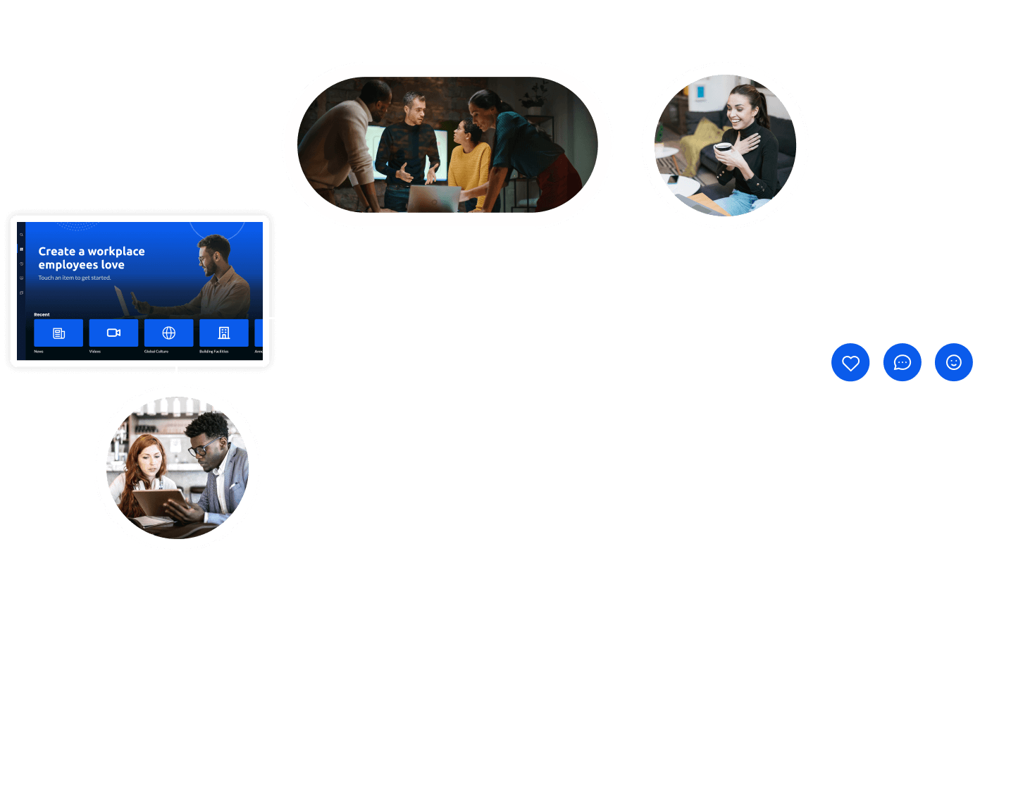 Collage showing a workplace presentation. Includes a group meeting, a woman on a video call, and a man and woman looking at a laptop. Text reads Create a workplace employees love with icons and arrows connecting images.