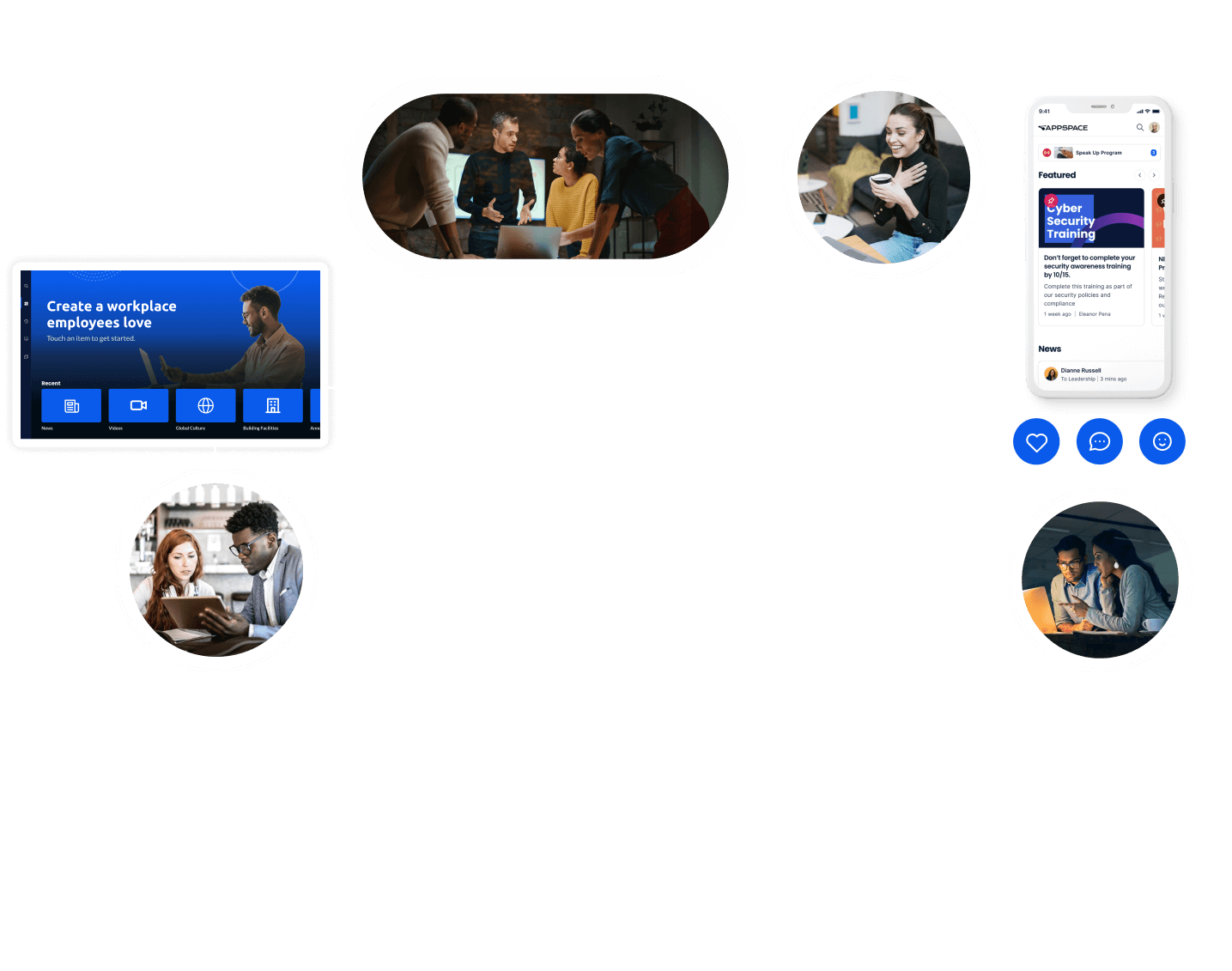 A flowchart showing a workplace collaboration. Central image: diverse team at a table. Left: digital dashboard titled Create a workplace employees love. Right: person on a video call and a smartphone displaying Cyber Security Training.